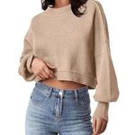 Sweater Womens XL Beige Crop Top Crewneck Cropped Batwing Sleeve Ribbed Tops D1 Photo 0