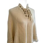 Francesca's | Hooded Sweater Cream Poncho Fringe Detail Lace Up Front One Size Photo 4