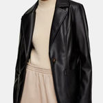 Topshop  Black Faux Leather Blazer Jacket Button Front Pockets Women's Size 12 Photo 0
