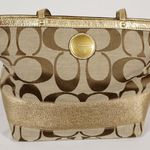 Coach F 15112 Signature Beige Bag with Gold Detailing Purple Lining EUC Photo 0