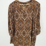 Sami & Jo Blouse Women XL Brown Printed Sheer Roll Tab Light V-Neck Peasant Boho Photo 0