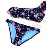 NWT Gingham & Floral Printed One Shoulder Bikini Blue Photo 6