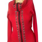 Camille La Vie Red Ribbed Knit Beaded Zip-Up Cardigan Sweater, Size M Photo 0