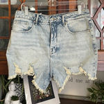 Good American  Bombshell Denim Distressed Frayed Hem High Rise Shorts Size 14 32 Photo 0