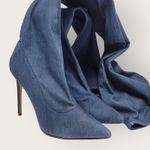 Liliana Womens Blue Denim Thigh High Stretch Stilettos Heels Zip Boots Size 10 Photo 12