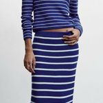 Mango NWT Striped Knitted Midi Skirt Size Medium Blue White Stretch Photo 0