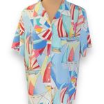 Vintage Top Blue Yellow Nautical Sailboat Print Crinkle Fabric Short Sleeve 16 Photo 9