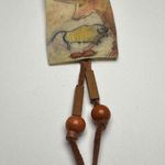 Longhorn / Bull Painting Beaded Leather Fringe Brooch Pin Vintage Handmade Photo 1