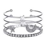 Boutique Silver Bangle Bracelet Set Crystal Star Moon Heart Charm Stackable Jewelry Photo 10