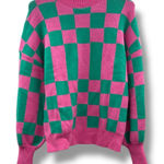 ZESICA Checkerboard Knit Sweater Women’s Size Small Pink Green Pullover Long Photo 0