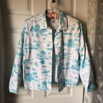 Talbots White 100% Cotton Jacket Turquoise Toile Print Button Blazer top Sz 6 P Photo 1