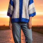 Vintage Acrylic Nubby Bubble Sleeve Sweater Blue White Lilac Large Photo 0