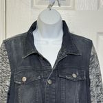 Free People  Black Distressed Denim Jacket with Knit Sleeves size M Photo 1