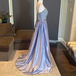 Women’s Full Length Lace Appliqué Satin Prom Party Dress with Leg Slit Size 12 Blue Photo 2