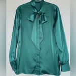 Emerald Green Satin Tie Neck Button Down Blouse Size Small Size M Photo 3