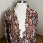 VTG Notations Blouse XL Geometric Shimmer Sheer Tie Front Ruffle Y2k Whimsical Red Photo 2