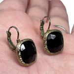 Monet Vintage Signed Pierced Gold Tone Black Facet Dangle Earrings Classy Retro Photo 1