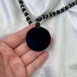 Early 2000's Geometric Black Cream Beaded Swirl Pendant Necklace Photo 5