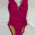 J.Crew NWT Ruched Ruffle One Piece Swimsuit Pink Size 14 Preppy V Neck Barbie Photo 0