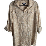 Lands' End  Size 14 Pure Linen Button Down Shirt Tropical Print Neutral Tan Beach Photo 0