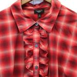 Talbots Woman Size 14W Plaid Blouse Ruffle Front Red Beige Plaid Prairie Modest Photo 2