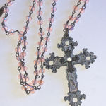 Elegant Black and Pink Beaded Aged Silver Tone Boho Cross Necklace Photo 0