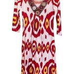 ANTHROPOLOGIE Ranna Gill Silk Kaftan Tunic Ikat Red & Yellow Beaded Size Small Red Photo 0