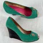 Lilly Pulitzer Lilly Pulitzer Suede Peep Toe Wedge Slip On Heels in Teal Size 6 Photo 0