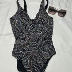 Athleta  Black and Purple One Piece Swimsuit V-Neck Artistic Design Photo 4