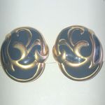 Vintage Satin Soft Gold Tone Navy Blue Enamel Retro Boho Clip On Earrings Photo 5
