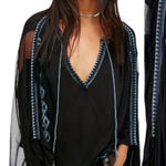 Free People Eden Sheer Black Blue Embroidered Flowy Long Sleeve Blouse Small Photo 0