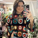 Wild Honey Floral Crochet Knit Pullover Sweater Black rainbow Photo 0