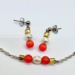 Handmade Orange Bead Faux Pearl Necklace Earrings Set Silver Gold Photo 9