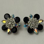 Glamorous Vintage Rhinestone Clip On Earrings Black Clear & Aurora Borealis Photo 4