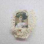 Handmade Crocheted Lace & Vintage Portrait Brooch Gray Photo 1
