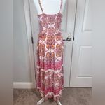 Angie  Boho Paisley Maxi Dress L Twist Front Cutout Tiered Lace Trim Photo 2
