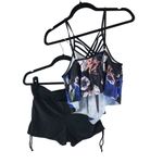 Womens Tankini Set Removable Cups Cropped Strappy Ruched Shorts Black XL Photo 1