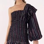 Farm Rio Lurex Stripes Mini Dress Medium NWT Smocked One Shoulder Sparkle Photo 0