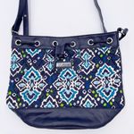Vera Bradley Crossbody Drawstring Bucket Bag Purse Ink Blue Print Faux Leather Photo 1
