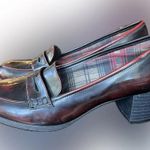 American Eagle Y2K Shiny Oxblood Penny Loafer Chunky Heels, Plaid Lining, 9 Photo 2