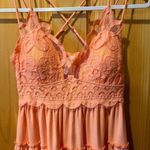 Zenana crochet lace cross strap smocked, light peach, ruffle, cami tunic size L Photo 2