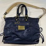 Coach Poppy Sapphire Blue Large Leather Tote Bag Metallic Two Way Gold Accent Photo 0