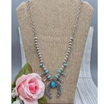 None NWOT Silver Tone & Faux Turquoise Blue Horseshoe Necklace 24" Western Tribal Photo 1