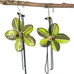 Black Bead VTG Lalo FLOWER EARRINGS 4" Dangle Drop Green Gold Resin Chains Photo 0