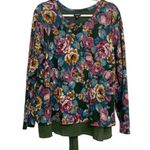 Wallpapher Women’s Olive Green Floral Bow Back Long Sleeve Top Size 1X Hawaiian Photo 0