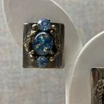 Vintage Silver Tone Blue Opal Stone Leaf Design Clip On Earrings Photo 2