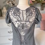 Lace Crochet Back Gray Drape Neck Top Knit Long Shirt Womens Medium Photo 3