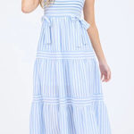By The River Medium Blue White Strip Coastal Fairy Tiered Bow Accent Midi Dress Photo 0