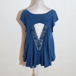 Free People Blue Short Sleeve Top with Cutout Lace Back NWT Size Medium Photo 5
