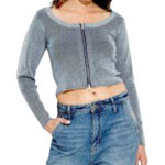 Wild Fable Striped Blue and White Zip-Up Cardigan Medium Cropped Ribbed Fitted Photo 0